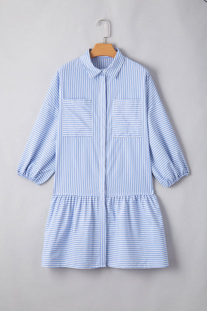 Bubble Sleeve Chest Pockets Buttoned Shirt Dress | Sky Blue Stripe