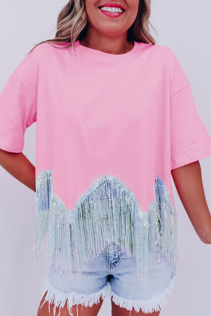 Fringed Sequin Crop T-Shirt | Pink