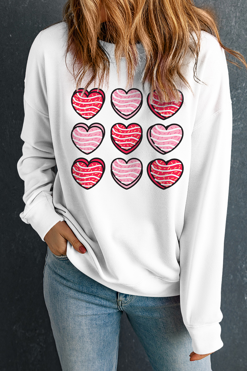 Heart Graphic Crewneck Valentines Pullover Sweatshirt | White