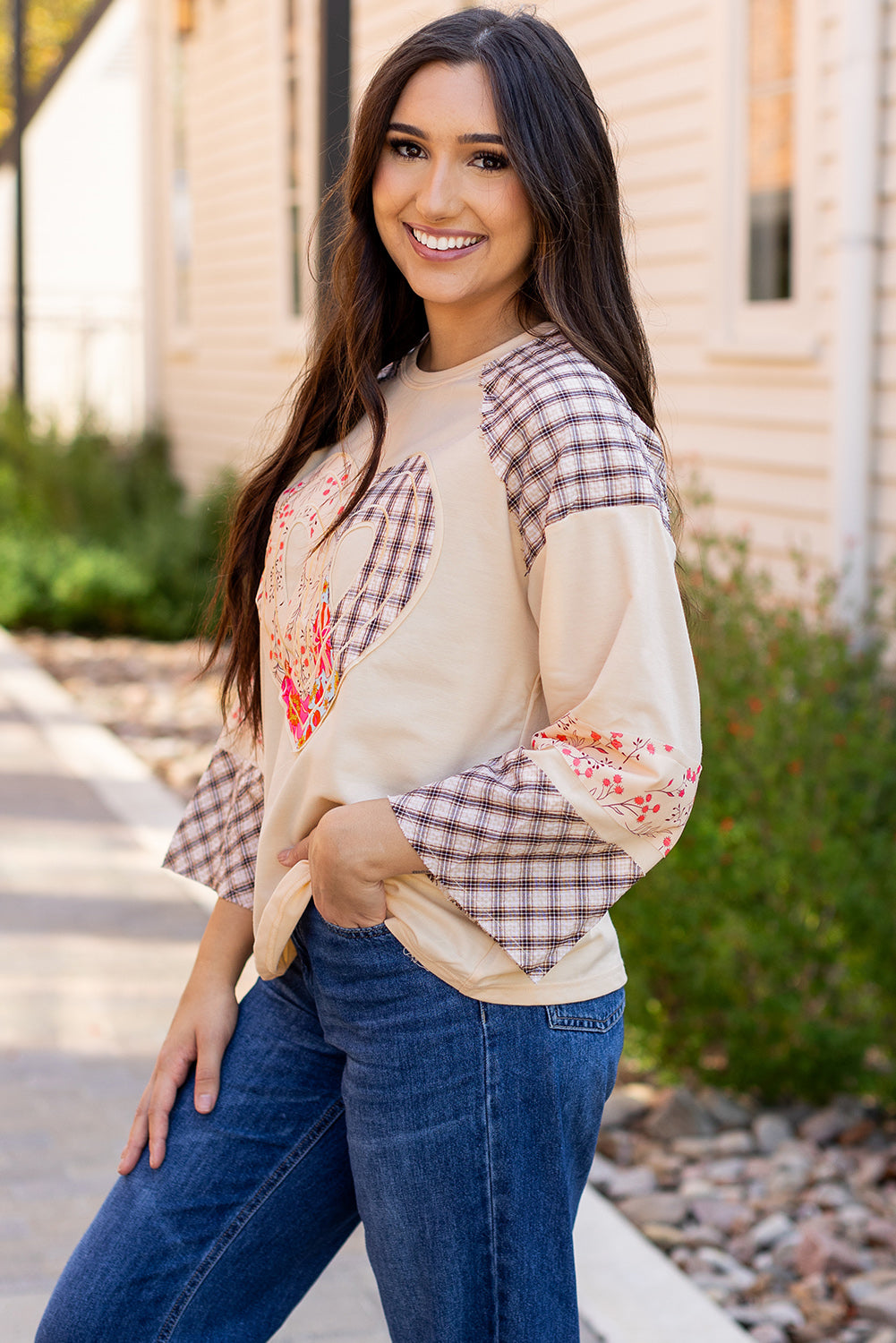 Plaid Floral Peace Heart Graphic Wide Long Sleeve Top | Beige