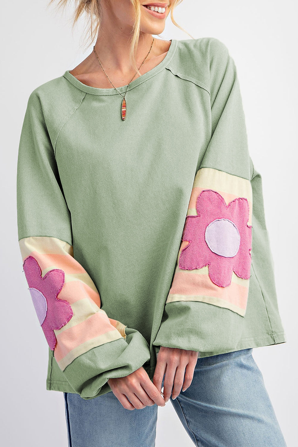 Flower Patchwork Raglan Sleeve Exposed Seam Oversized Top | Smoke Green