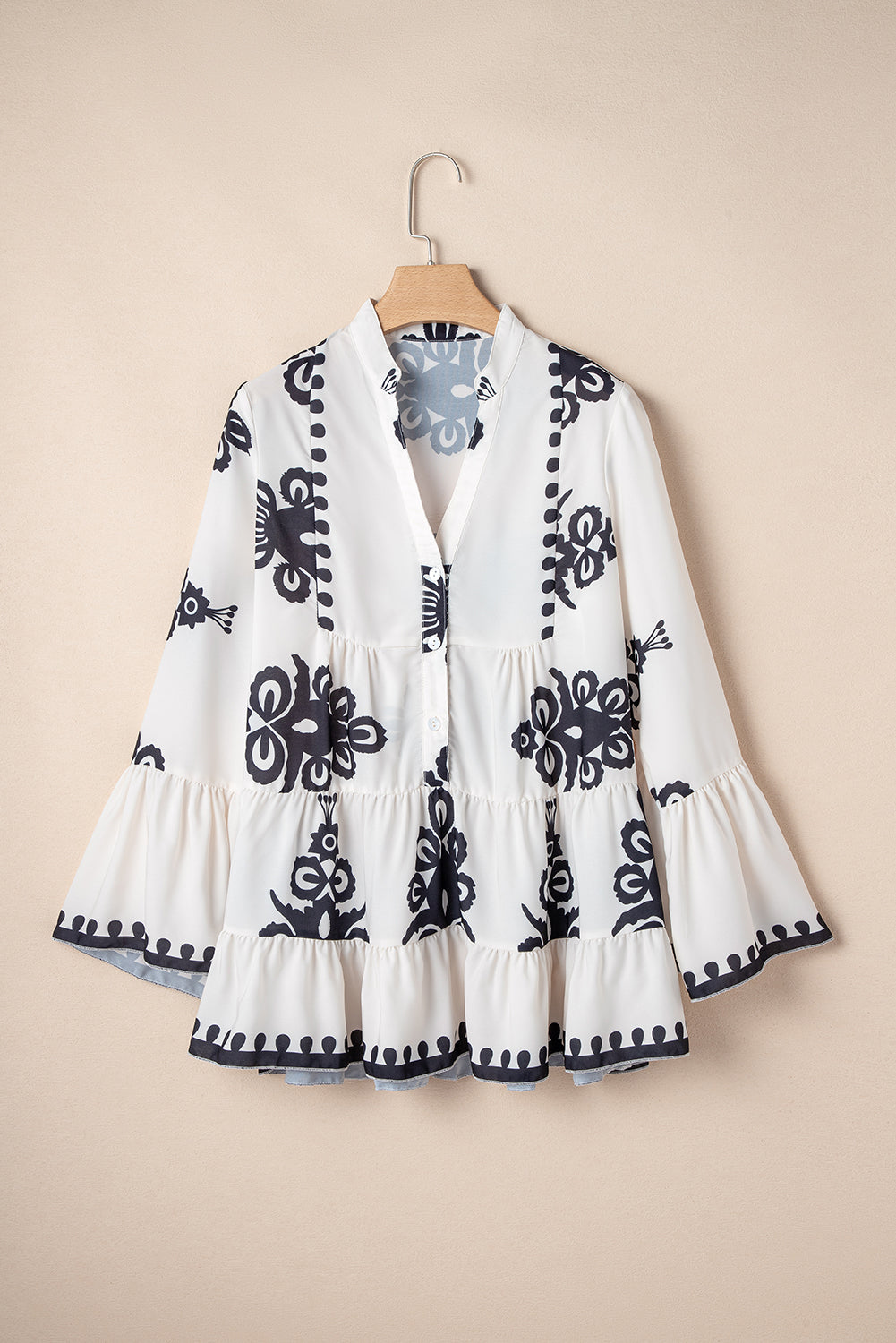 Abstract Printed Bell Sleeve Buttoned Tiered Babydoll Blouse | White