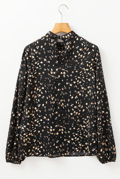 Leopard Print Lantern Sleeve Mock Neck Pleated Blouse | Black