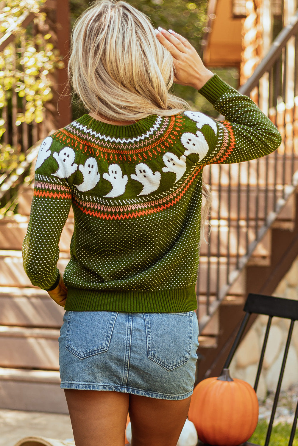 Halloween Ghost Pattern Drop Shoulder Sweater | Jungle Green