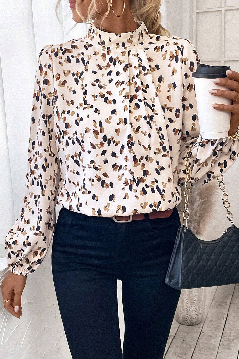 Leopard Print Lantern Sleeve Mock Neck Pleated Blouse | White