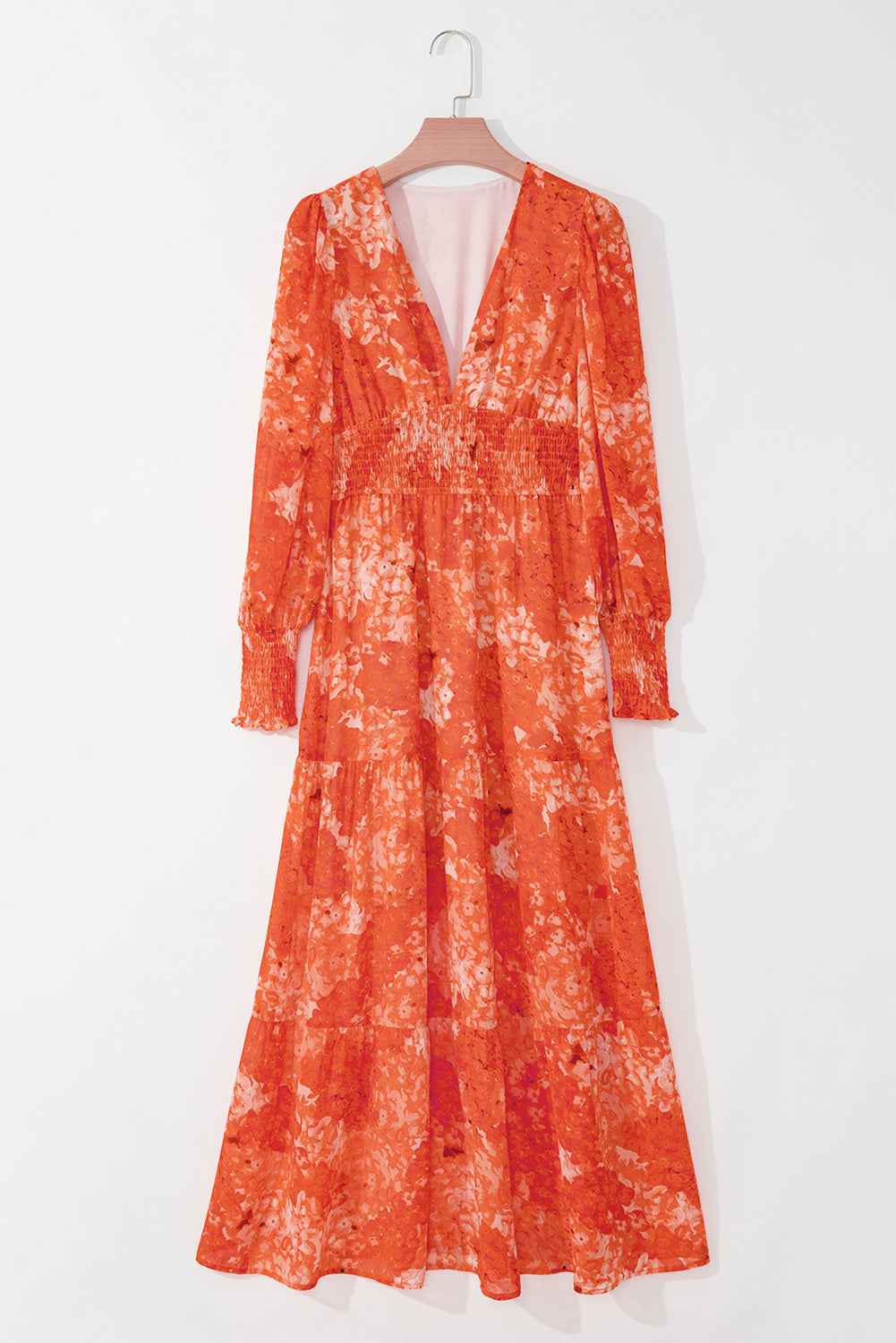 Boho Floral Bishop Sleeve V Neck Tiered Maxi Dress | Orange