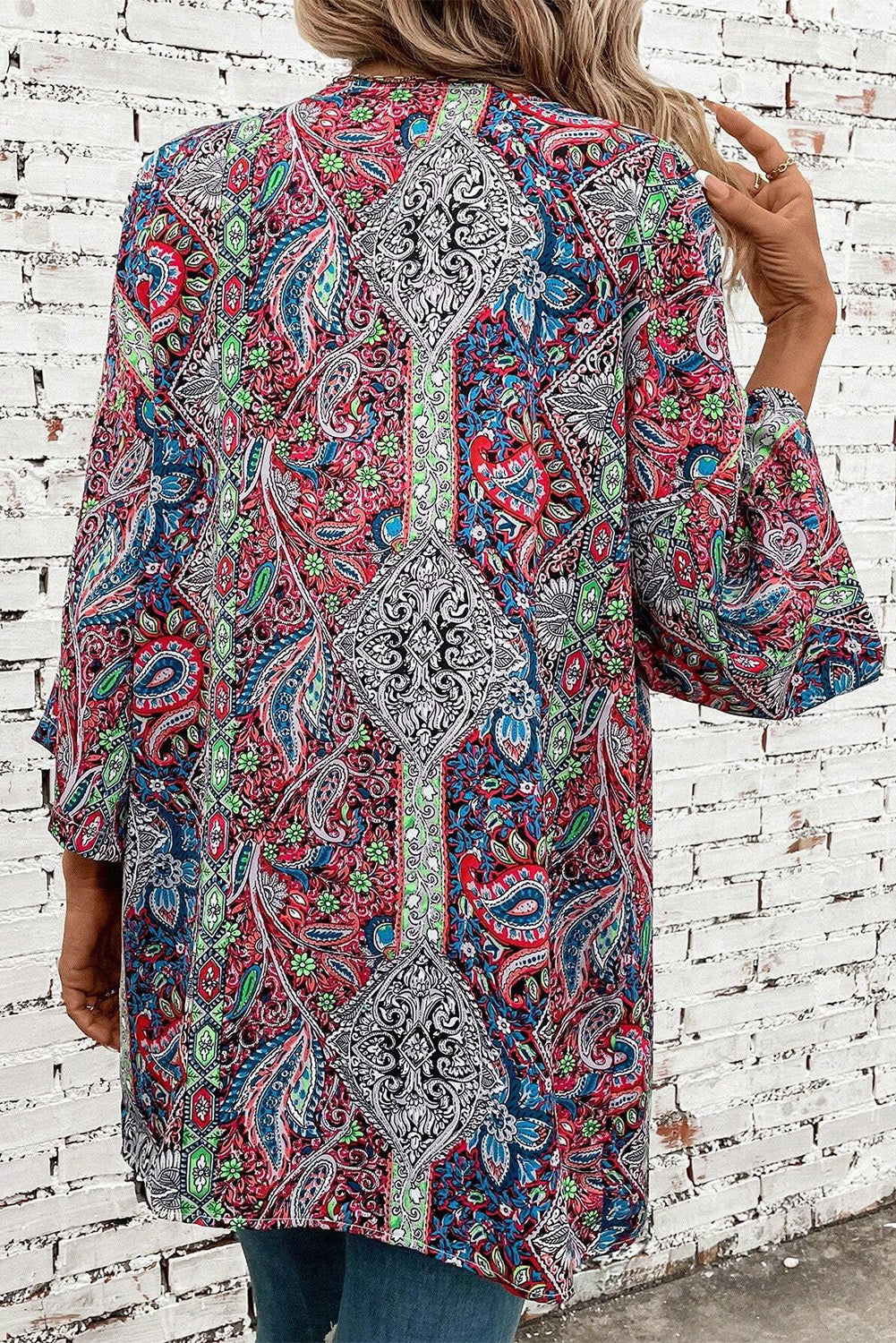 Paisley Print Open Front Kimono | Red