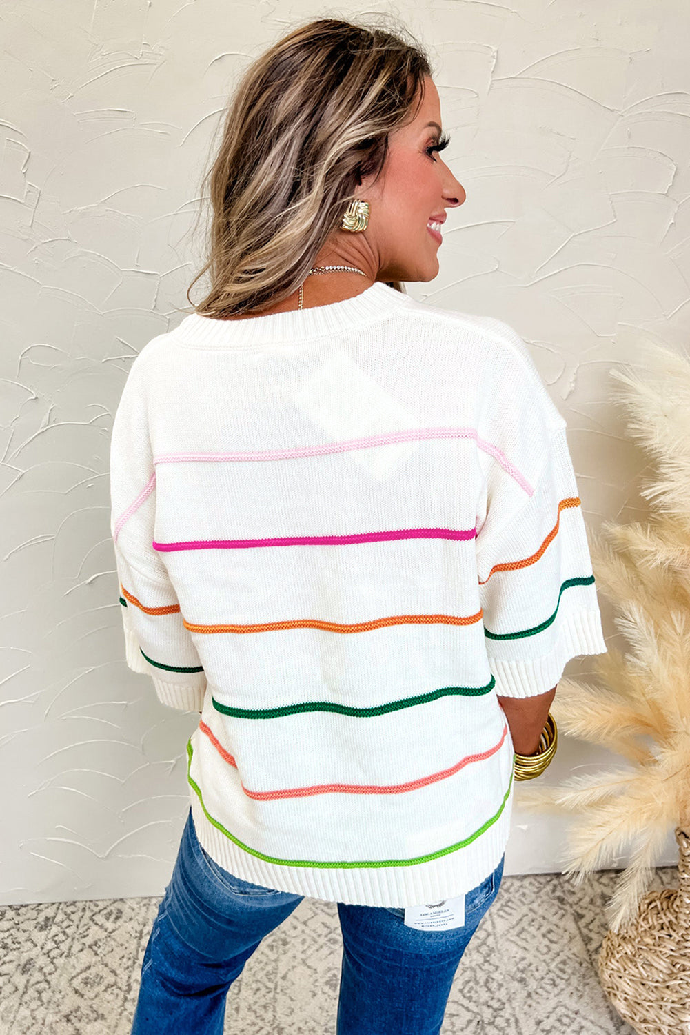 Colourblock Striped Half Sleeve Drop Shoulder Sweater | White