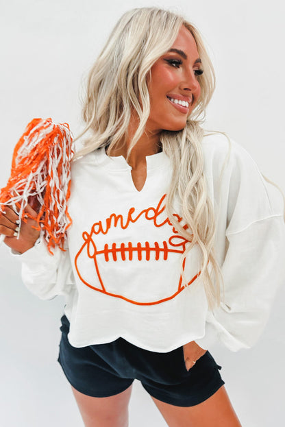 White Game Day Lettering Rugby Football Notched Neck Sweatshirt | Bright White