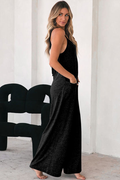 Patch Pockets Spaghetti Strap Wide Leg Jumpsuit | Black