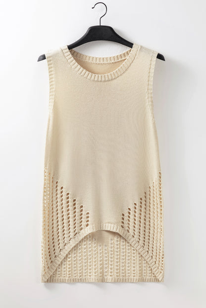 Pointelle Detail Solid Colour Knit Sweater Vest | Beige