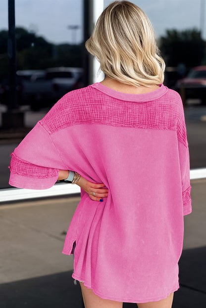 Oversized Mineral Wash Textured Bracelet Sleeve Top | Bright Pink