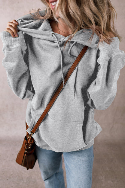 Fleece Lined Kangaroo Pocket Drawstring Chunky Hoodie | Light Grey