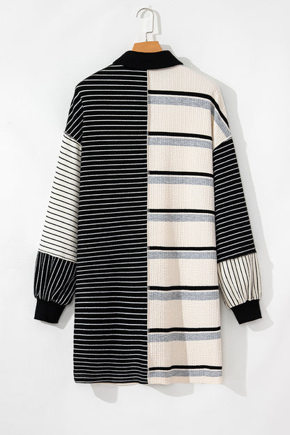 Colourblock Knit Henley Collar Shift Long Sleeve Mini Dress | Black Stripe