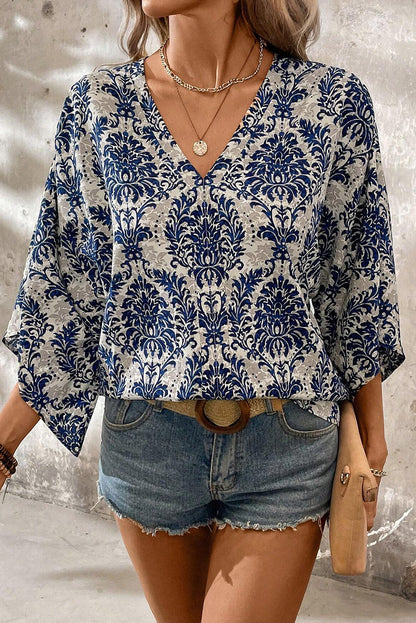 Vintage Flower Tree Quarter Sleeve V Neck Blouse | Blue