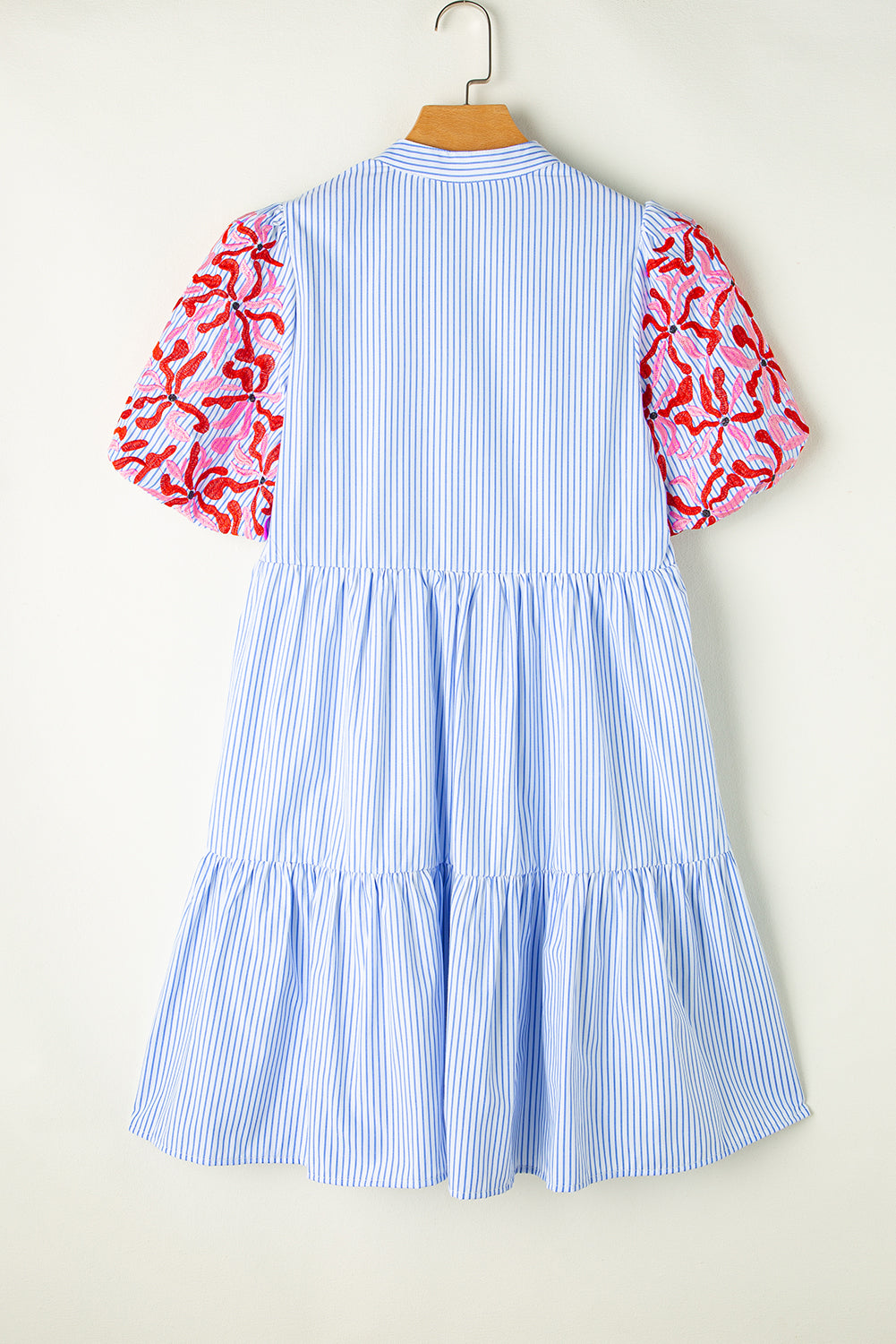 Contrast Floral Puff Sleeve Tiered Ruffle Dress | Sky Blue Stripe