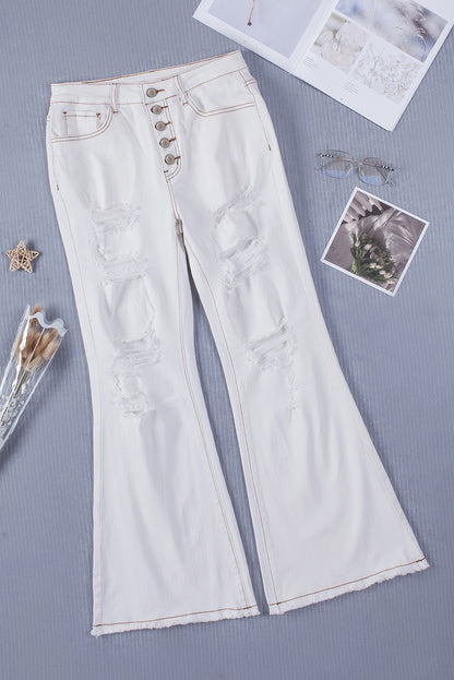 Light Washed Distressed Slits Button Fly Flare Jeans | White