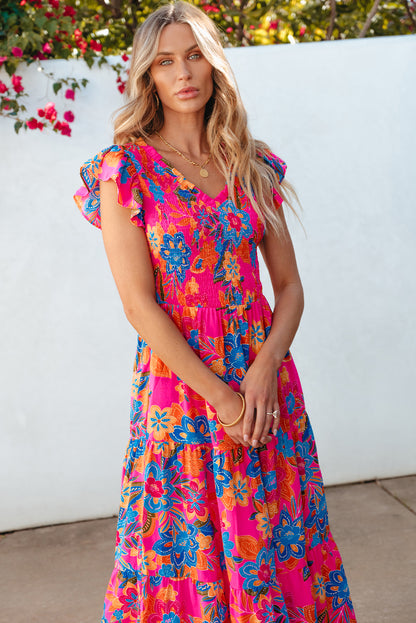 Boho Floral V Neck Ruffle Tiered Long Dress | Rose Red