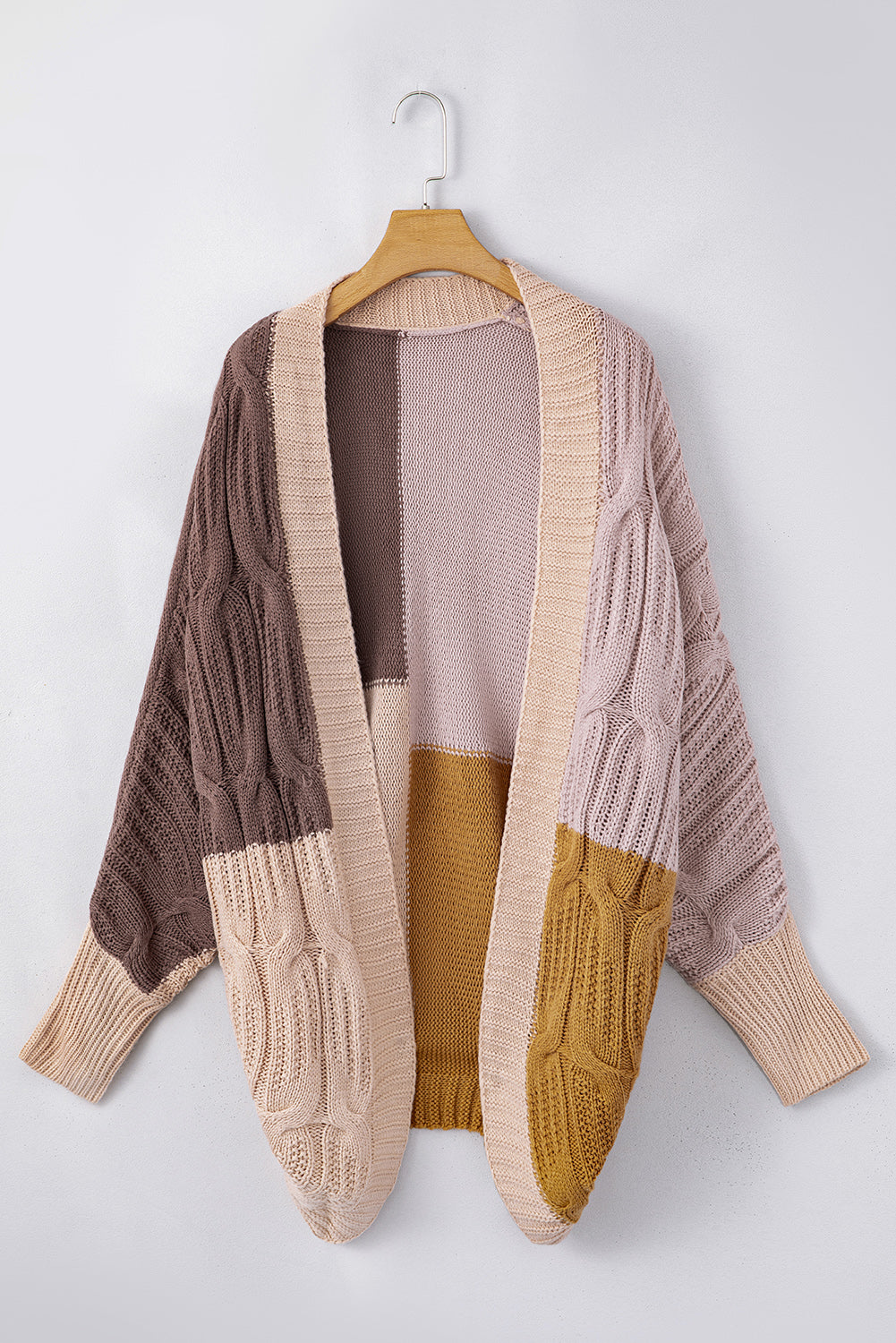 Colour Block Loose Open Front Knitted Cardigan | Brown