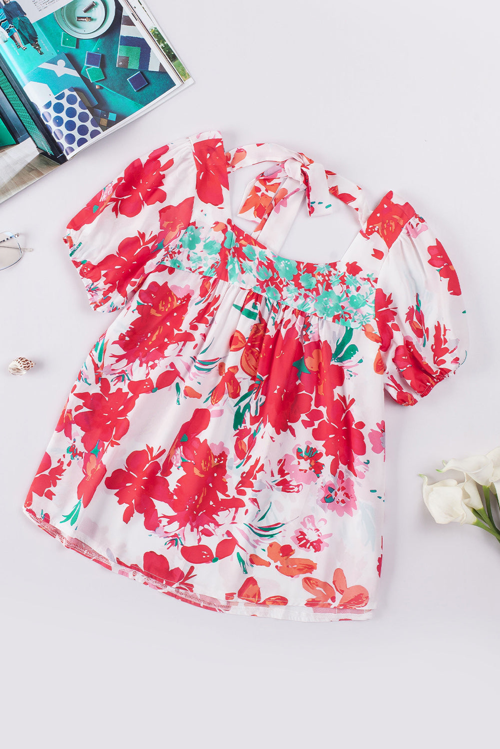 Fiery  Floral Printed Square Neck Blouse | Red