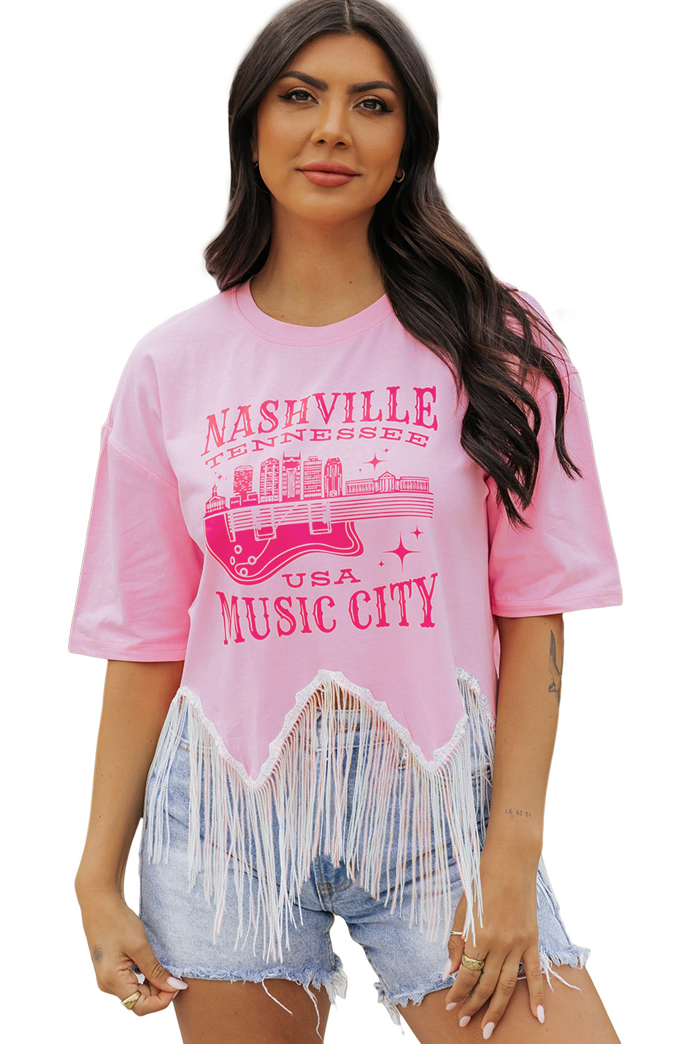 Nashvile Music City Graphic Sequin Fringed Hem Tee | Pink