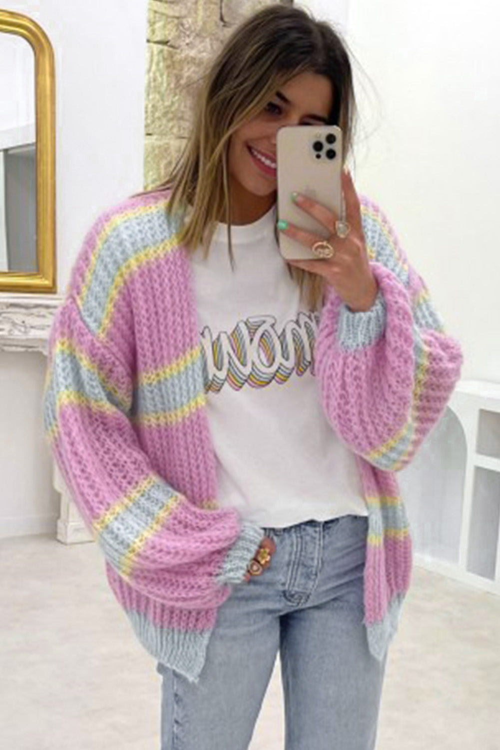 Contrast Striped Open Front Cable Cardigan | Pink