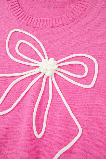 Corded Flower Bow Ribbed Trim Casual Sweater | Bright Pink