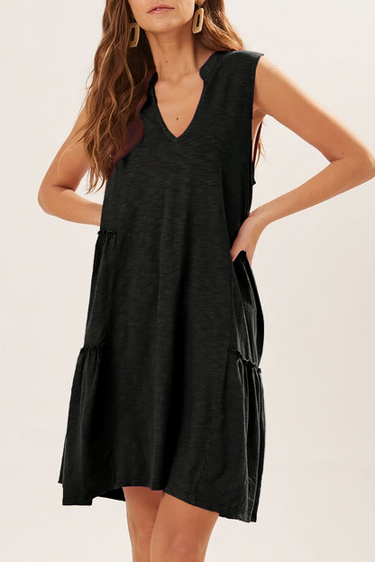 Split V Neck Tiered Flowy Sleeveless Dress | Black