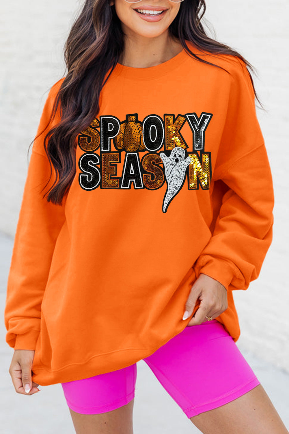 Russet Orange Sequin SPOOKY SEASON Ghost Pattern Halloween Pullover Sweatshirt