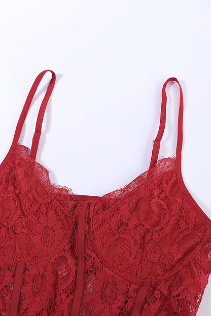 Fiery  Lace Panelled Teddy Lingerie | Red