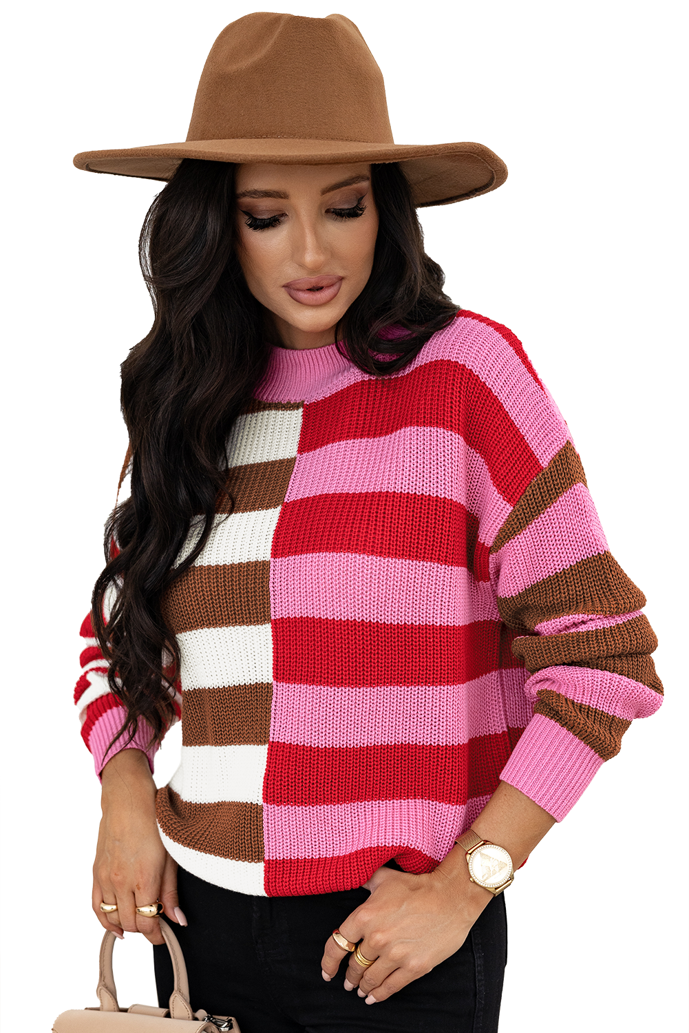 Colour Block High Neck Drop Shoulder Loose Sweater | Pink Stripe