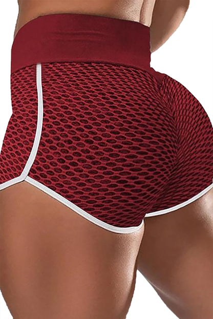 Burgundy High Waist Honeycomb Contrast Stripes Butt Lifting Yoga Shorts | Red