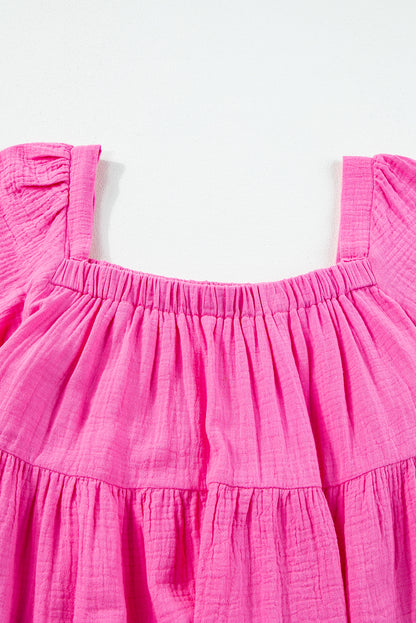 Textured Square Neck Flutter Sleeve Tiered Flowy Blouse | Bright Pink