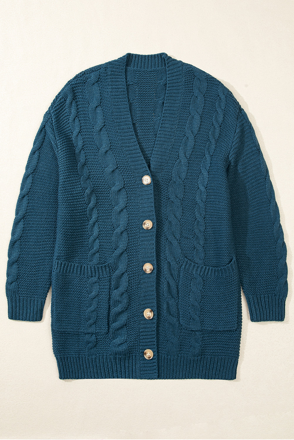 Cable Knit Button Front Pocketed Baggy Cardigan | Peacock Blue