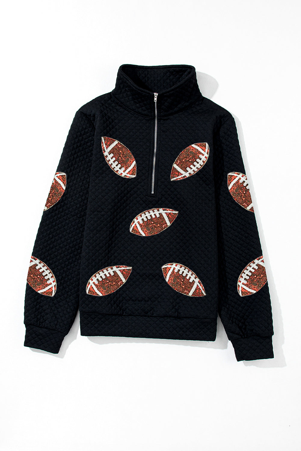 Sequin Rugby Football Patched Quarter Zip Textured Sweatshirt | Black