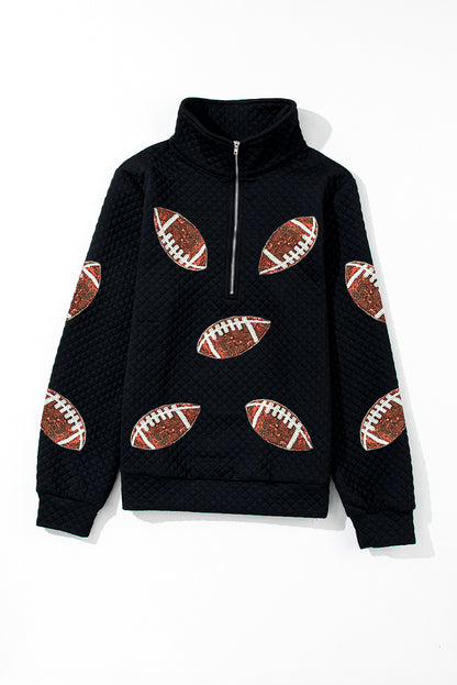 Sequin Rugby Football Patched Quarter Zip Textured Sweatshirt | Black