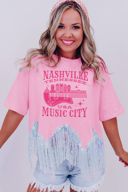 Nashvile Music City Graphic Sequin Fringed Hem Tee | Pink