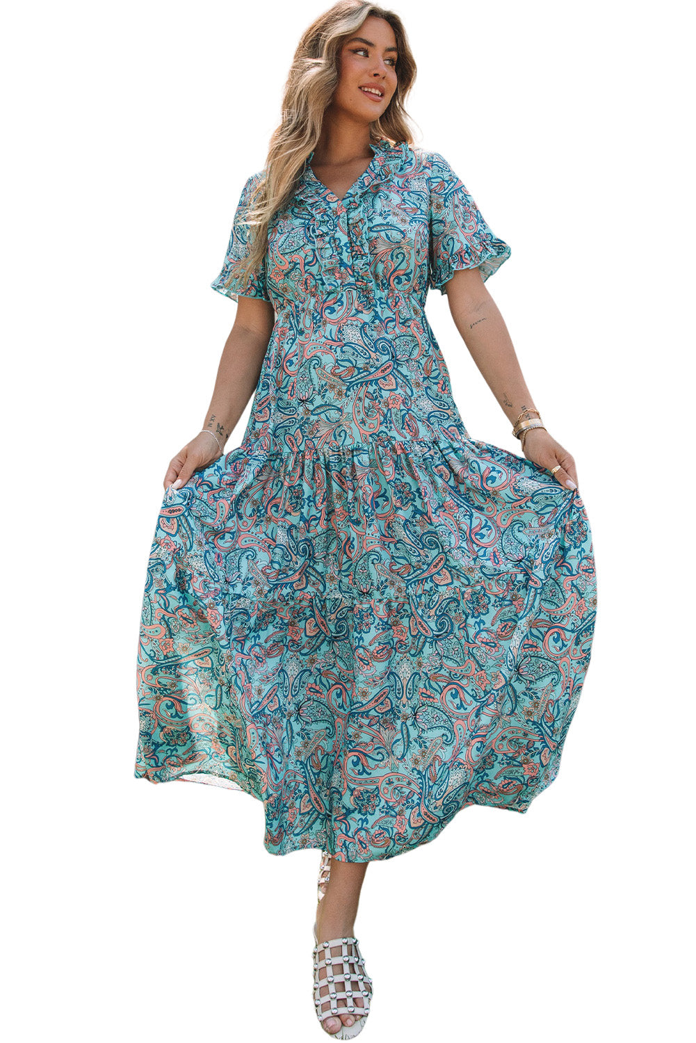 Paisley Print Boho Holiday Ruffle Tiered Maxi Dress | Sky Blue