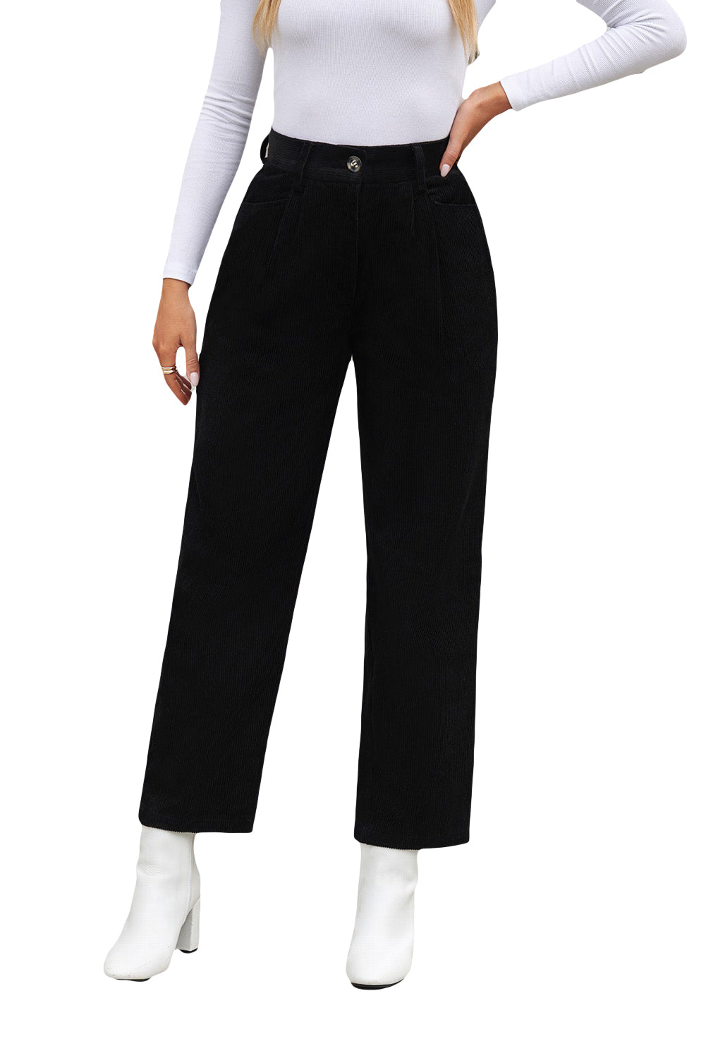 Corduroy High Waist Straight Leg Pants | Black