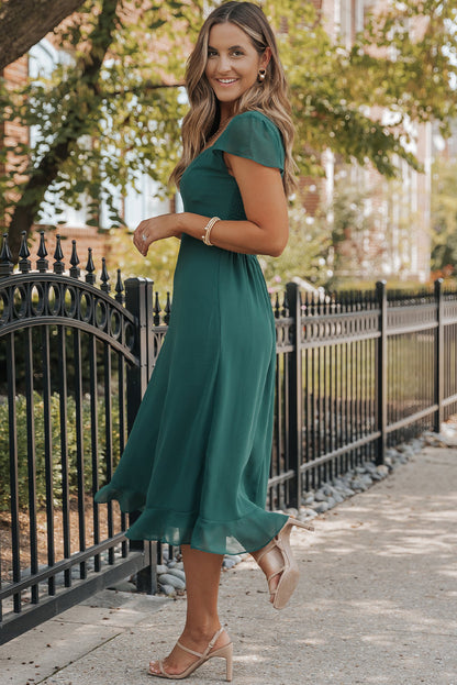 Shirred Open Back Sweetheart Neck Ruffled Midi Dress | Sea Green