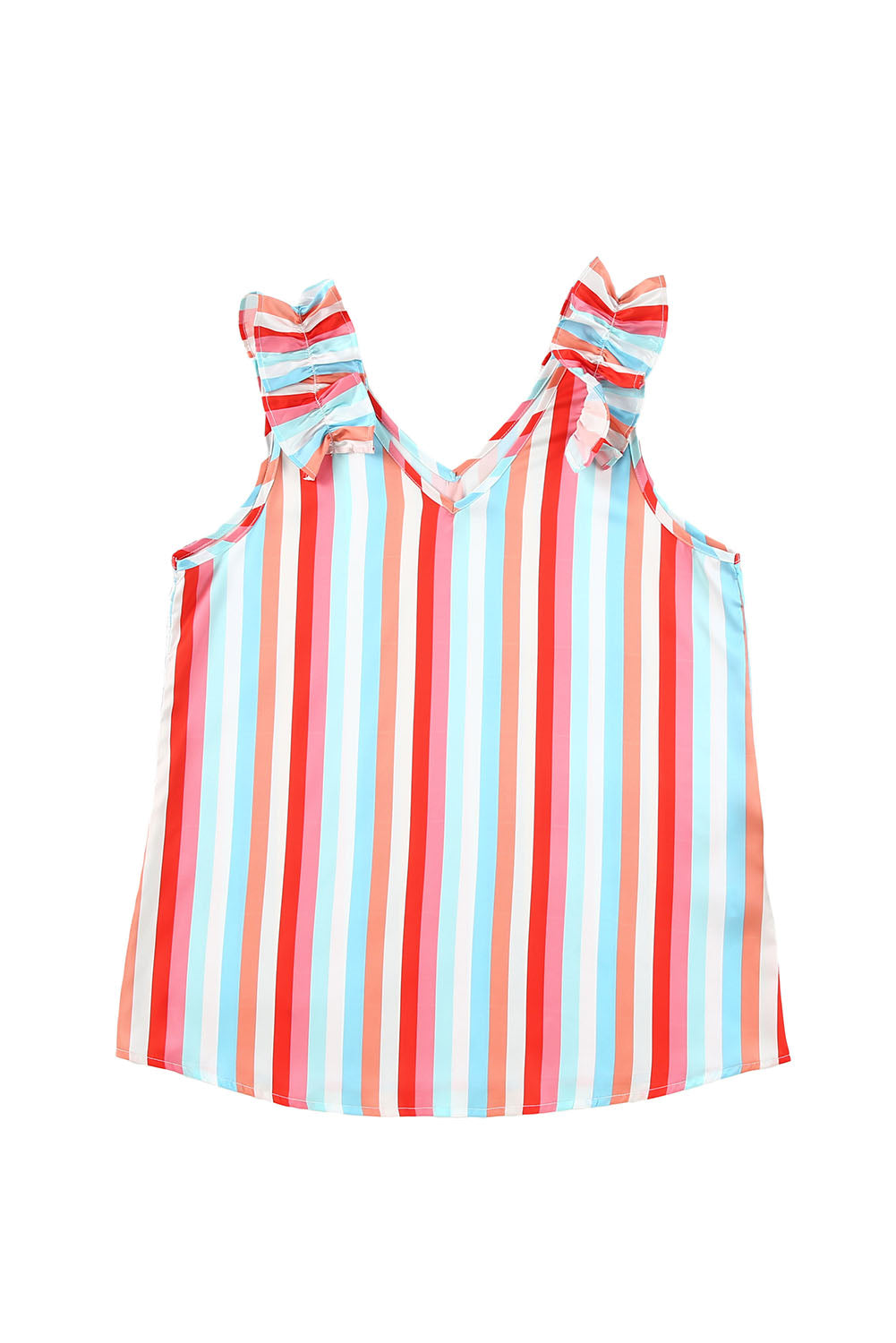 Striped V Neck Ruffle Straps Tank Top | Multicolour