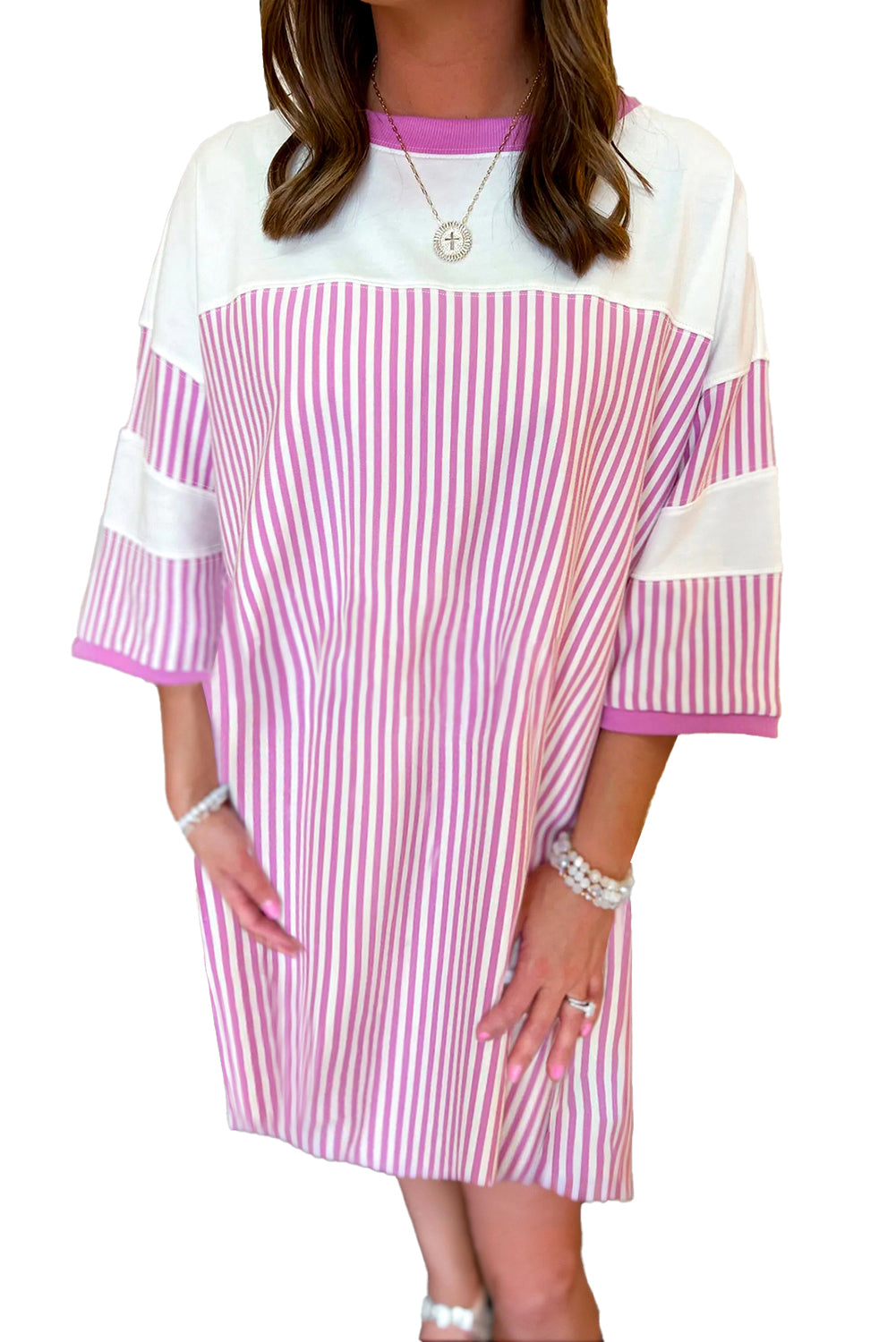 Striped Patchwork Three Quarters Sleeve Loose Mini Dress | Phalaenopsis