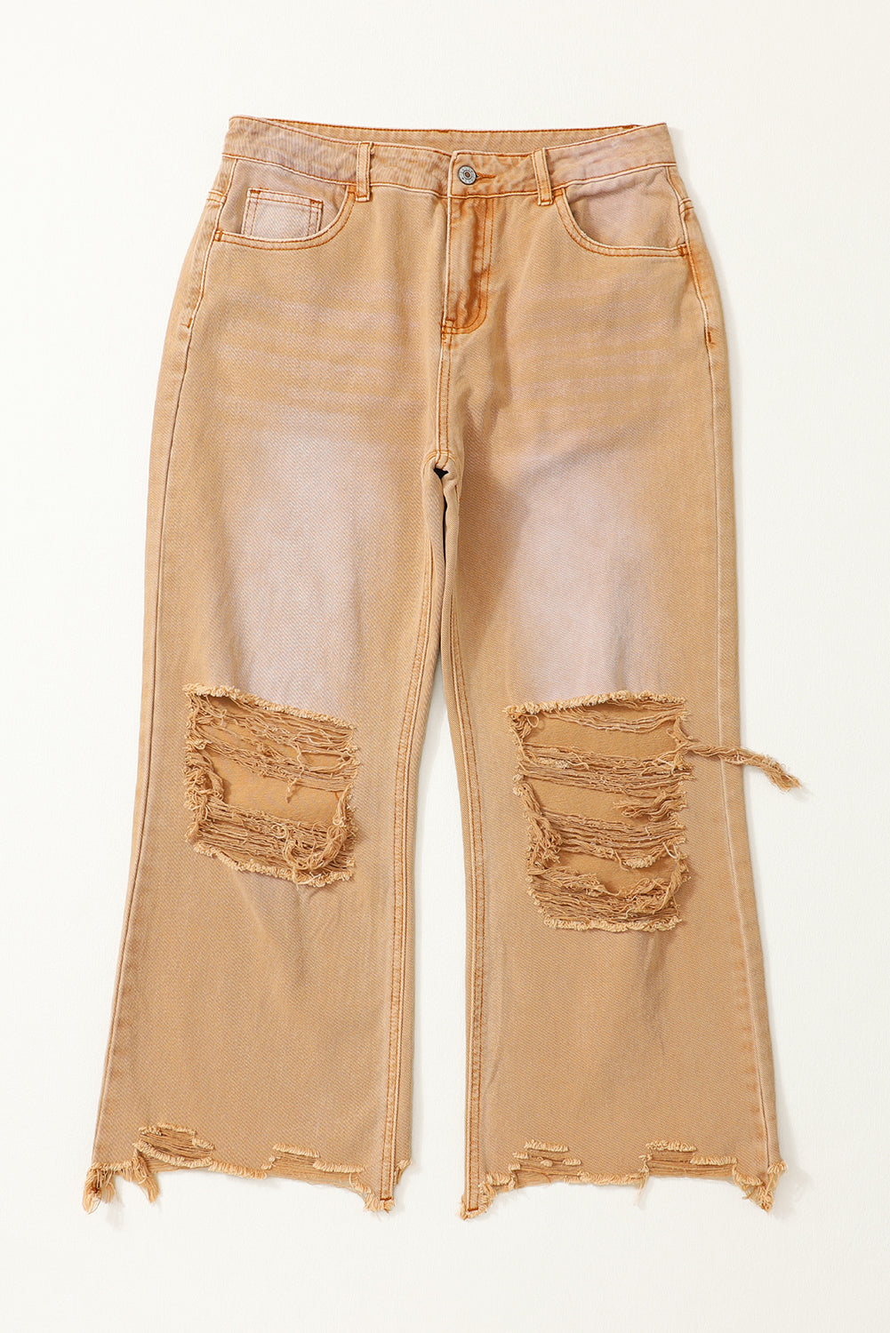 Distressed Hollow-Out High Waist Cropped Flare Jeans | Brown