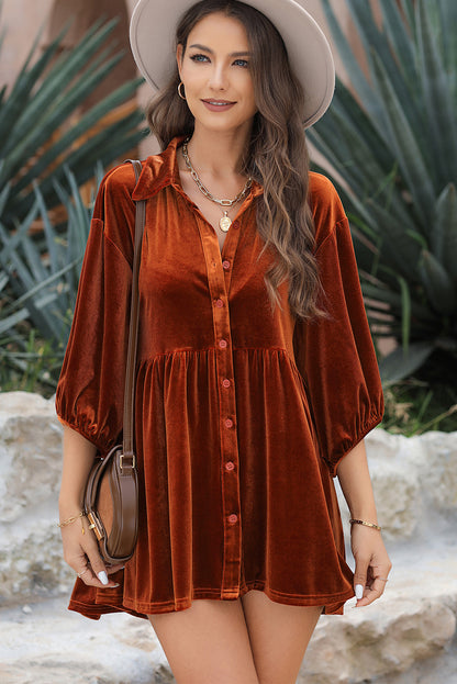 3/4 Sleeve Tunic Babydoll Velvet Shirt | Chestnut