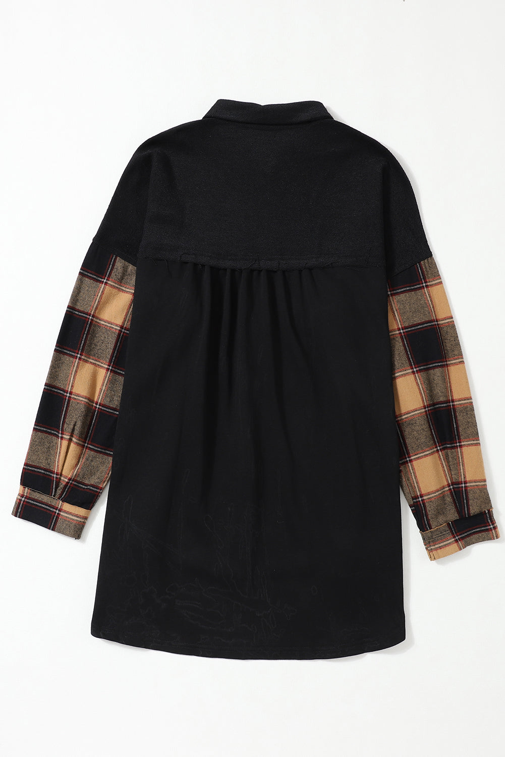 Plaid Patchwork Chest Pockets Oversized Shirt Jacket | Black