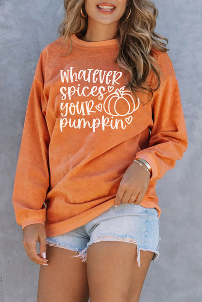 Pumpkin Letter Print Oversized Corduroy Sweatshirt | Orange