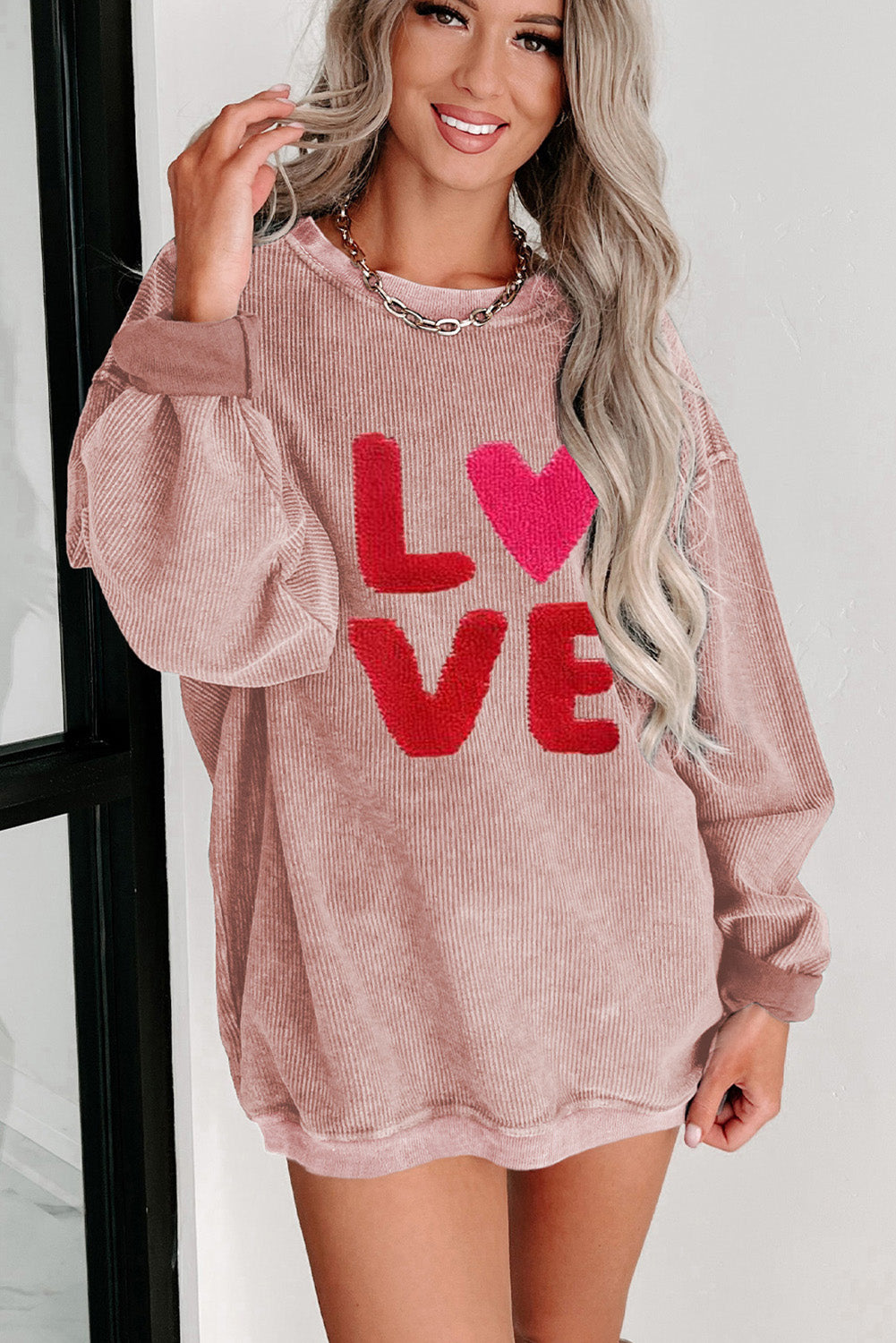 Valentines Love Chenille Embroidered Corded Sweatshirt | Pink