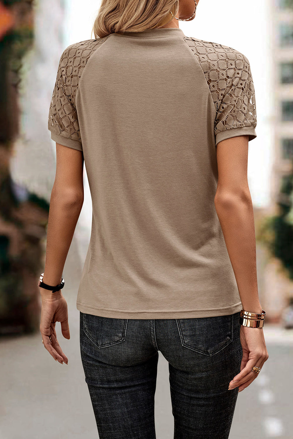 Seamed Detail Contrast Lace Raglan Sleeve Tee | Pale Khaki