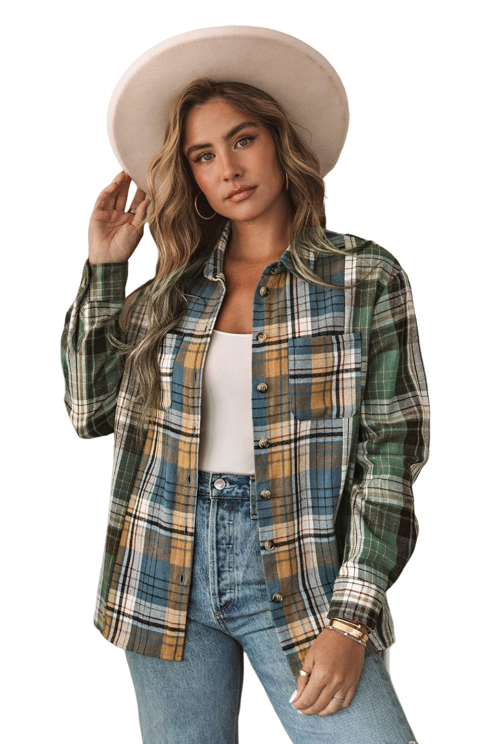 Chest Pockets Button Up Plaid Shacket | Green