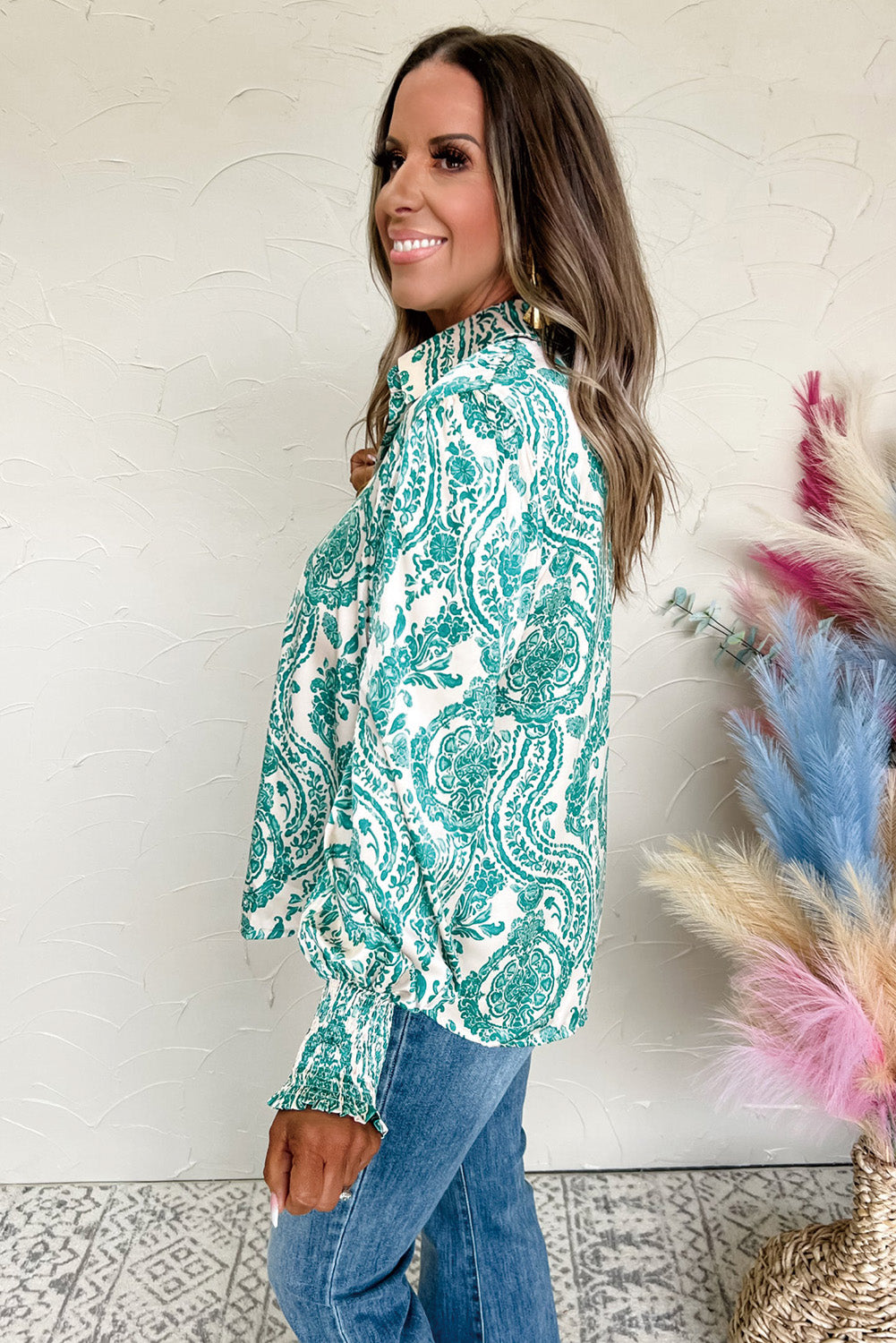 Paisley Print Smocked Cuff Buttoned Loose Shirt | Green